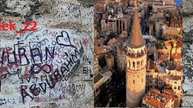 Eline kalem alan Galata Kulesi'nin duvarına adını yazıyor! Galata Kulesi'ne gittiniz mi?