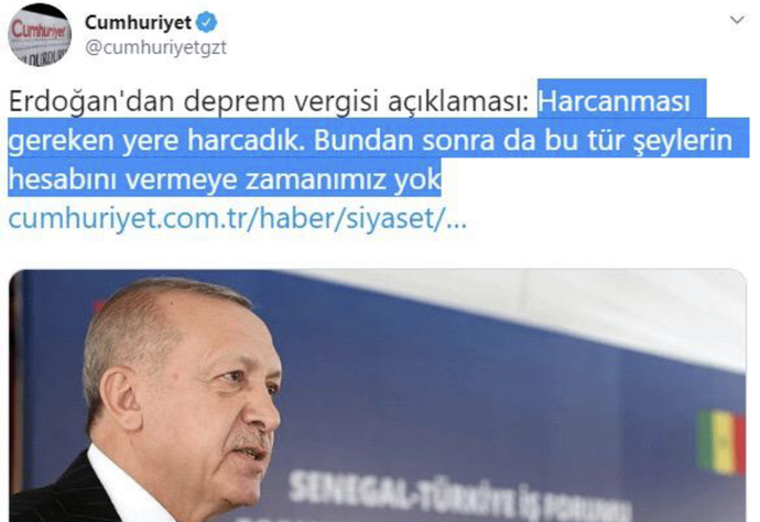 Erdoğan: Harcanması gereken yere harcadık (deprem vergileri), bundan sonra da hesap vermeye zamanımız yok, haklı mı?
