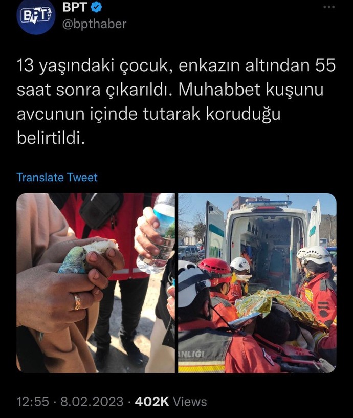 12 yaşındaki bir çocuk 55 saat sonra avucunda muhabbet kuşuyla enkazdan çıktı. Siz de umutla doldunuz mu?