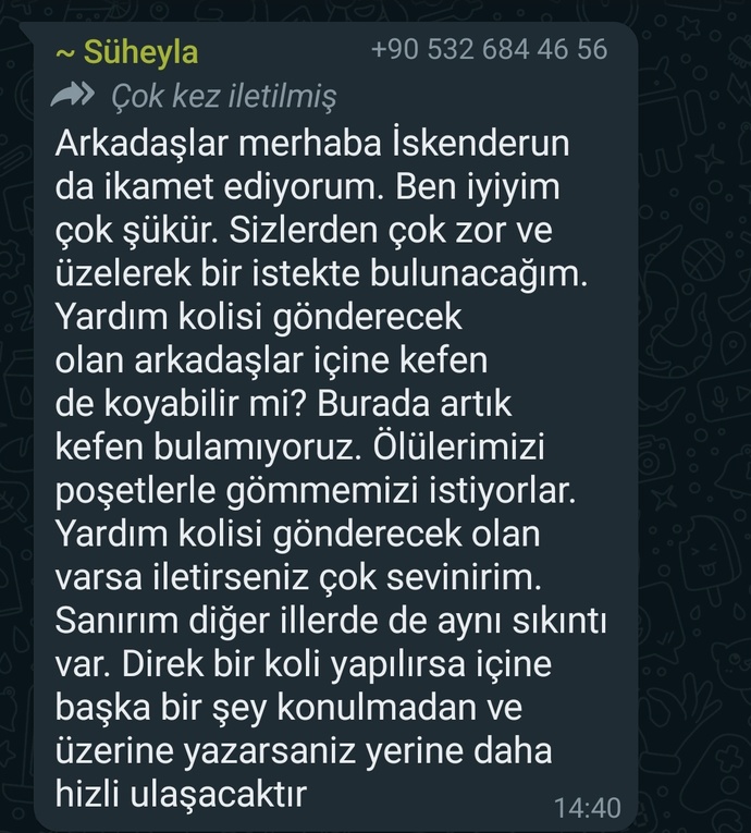 Hatayın İskenderun ilçesi için gıda ve erzak yardımı dışında çok acil kefen yardımı gerekiyor. Lütfen sizde paylaşır mısınız 🥺?