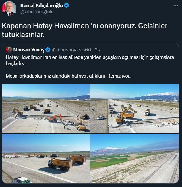Kılıçtaroğlunun Kapanan Hatay Havalimanını onarıyoruz. Gelsinler tutuklasınlar paylaşımı hakkında ne düşünüyorsunuz?