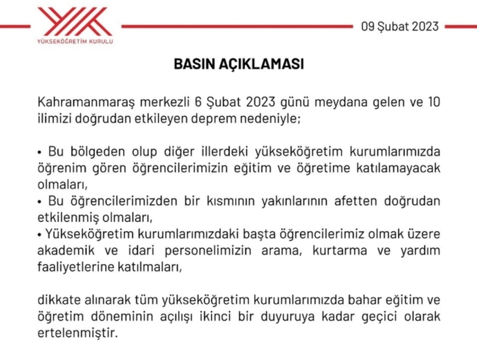 Üniversitemin instagram ve web sayfasında YÖKün aciklamasi paylasilmis yani bahar dönemi süresiz bir şekilde ertelendi mi?