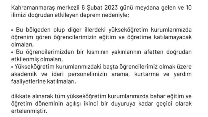 Üniversitemin instagram ve web sayfasında YÖKün aciklamasi paylasilmis yani bahar dönemi süresiz bir şekilde ertelendi mi?