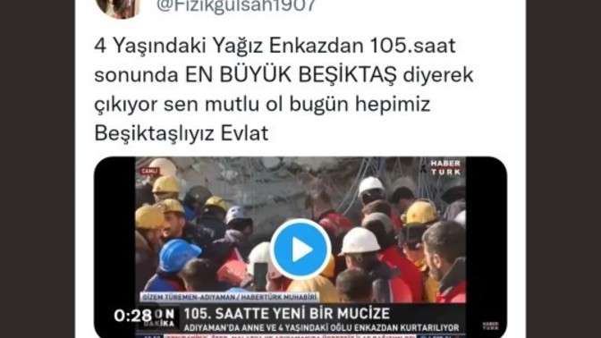 Enkazda bir çocuk en büyük Beşiktaş dedi diye herkes bir günlüğüne Beşiktaşlı olur mu?