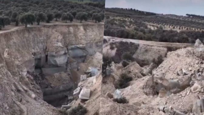 Deprem sonrası ikiye bölünen zeytin tarlasından video geldi. Depremin şiddeti çok daha net anlaşılmıyor mu?