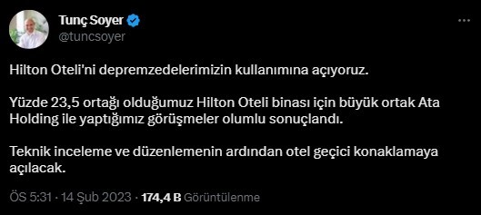 Tunç Soyer, Hilton Otelini depremzedelerimizin kullanımına açıyoruz dedi. Öğrenci yurtlarından daha iyi bir alternatif değil mi?