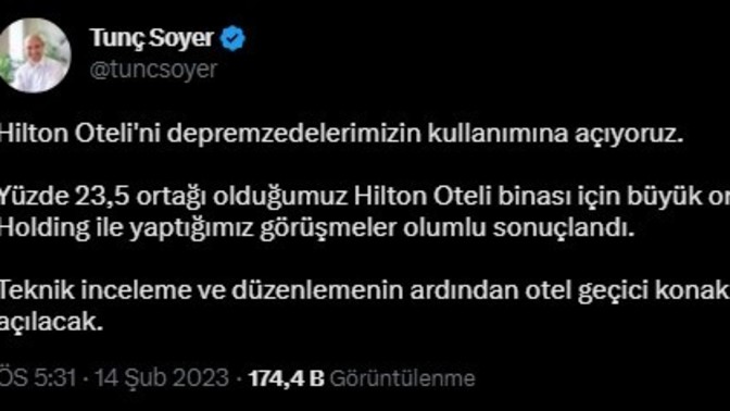 Tunç Soyer, "Hilton Oteli'ni depremzedelerimizin kullanımına açıyoruz" dedi. Öğrenci yurtlarından daha iyi bir alternatif değil mi?