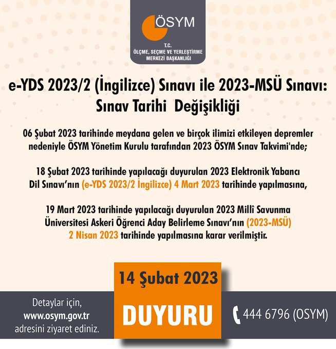 ÖSYM deprem nedeniyle MSÜ ve E-YDS sınavlarını erteledi. Diğer sınavlarda ertelenir mi?