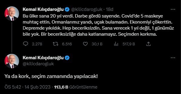 Kılıçdaroğlundan Erdoğana seçim çıkışı: Sana verecek 1 yıl değil 1 günümüz bile yok... Aynı fikirde misiniz?