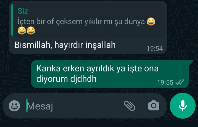 Bu soruyu görmeden önceki herhangi birine yazdığın son mesaj ne?