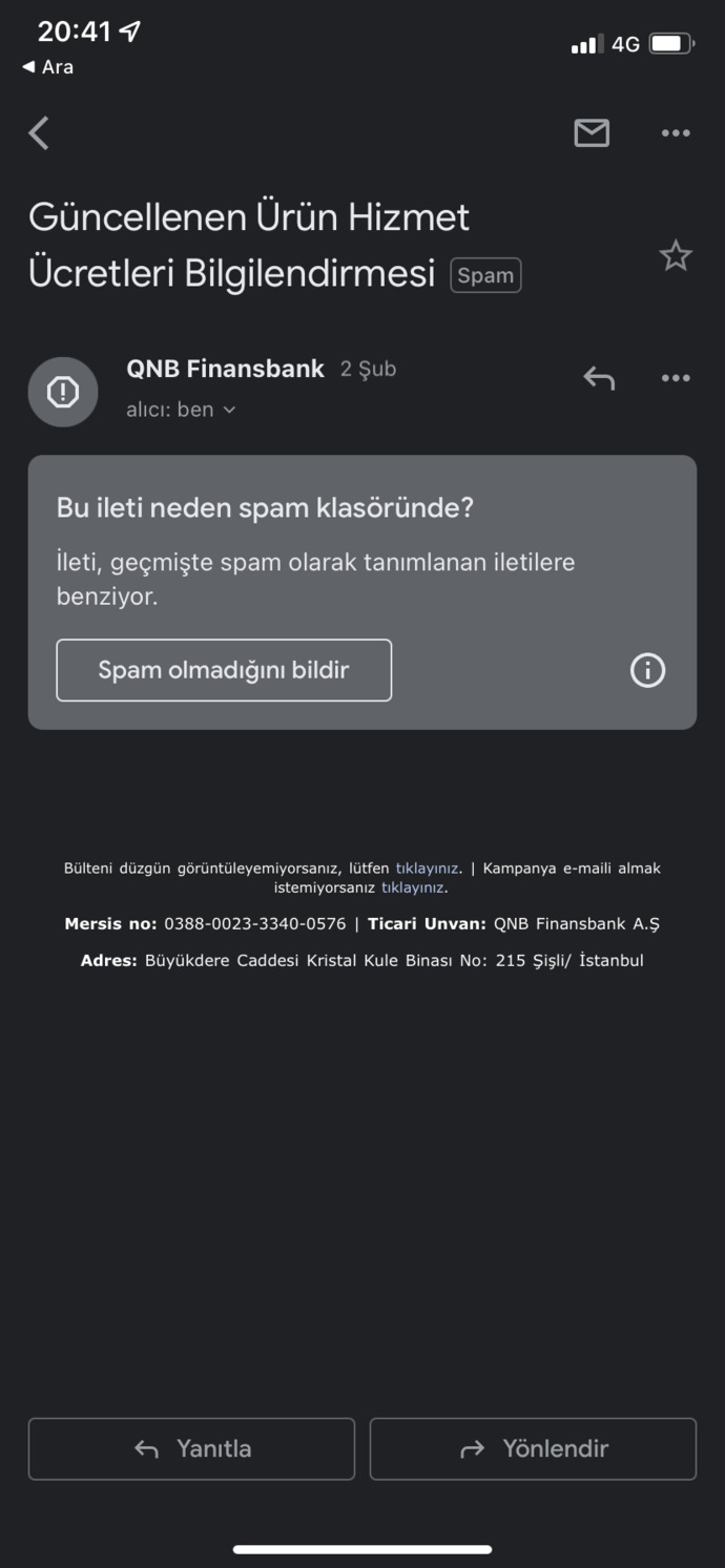 Onay mesajı neden spam olarak geldi?