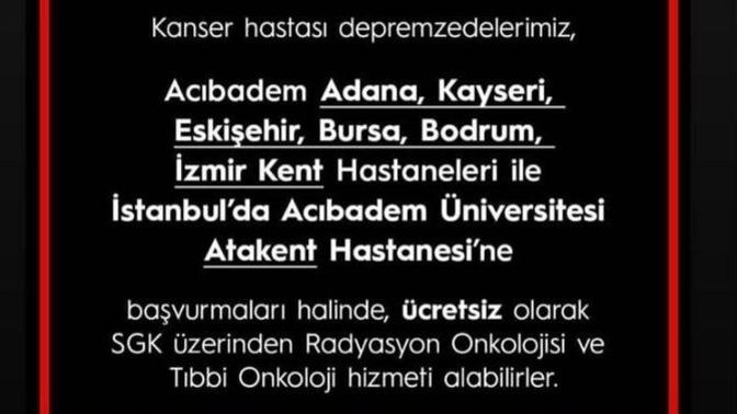 Kanser hastası depremzedelere #Acıbadem Hastanesi ücretsiz tedavi sunacak! Çok anlamlı bir destek olmamış mı?