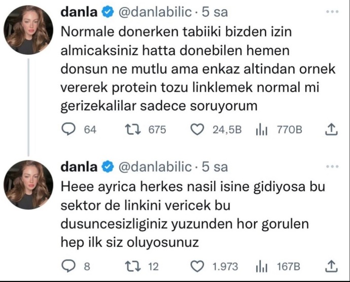 Danla Bilic, protein tozu linki veren influencera tepki gösterdi! Sizce haklı mı?