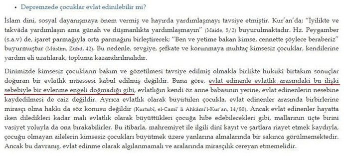 Diyanetten depremzede evlatlık sorusuna yanıt: Evlat edinenle evlatlık arasında evlenme engeli yok. Evlatlığnızla evlenrmisiniz?