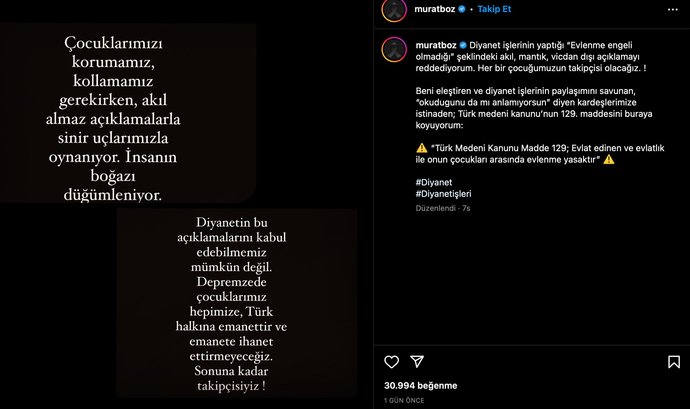 Murat Boz Diyanete tepki gösterdi: Akılalmaz açıklamalarla sinir uçlarımızla oynanıyor Diyanetin açıklaması sizin de tepkinizi çekti mi?
