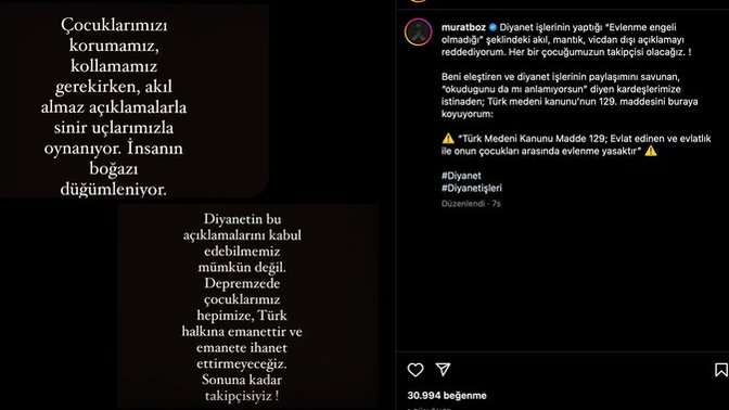 Murat Boz Diyanet'e tepki gösterdi: "Akılalmaz açıklamalarla sinir uçlarımızla oynanıyor" Diyanet'in açıklaması sizin de tepkinizi çekti mi?