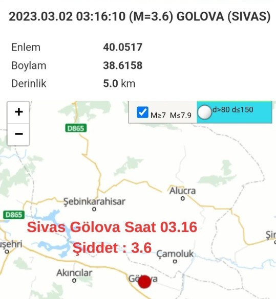 Gece saat 03.16da Sivas Gölovada 3.6 büyüklüğünde deprem olmuş hisseden oldu mu?
