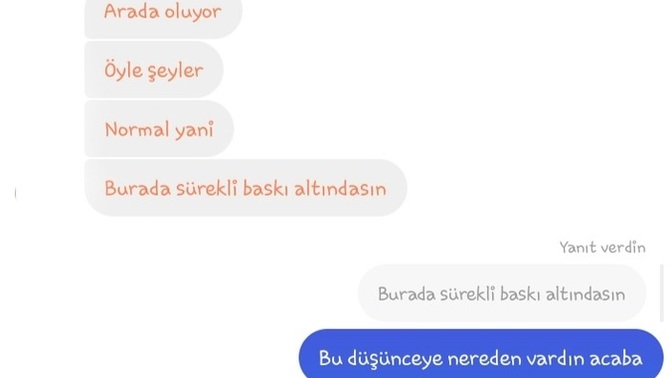 Arkadaşlar 8-9 aydır sohbet ettiğim biri var ve dün bana burada sürekli baskı altındasın yazdı sizce neden geçerli fikri olan?