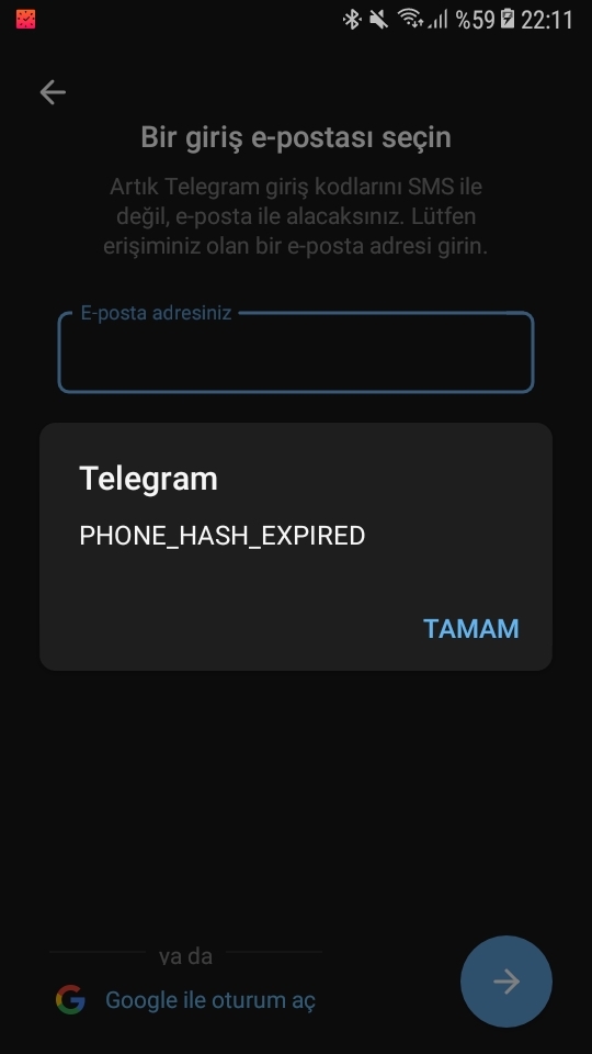 Telegramda doğrulama kodu isterken phone hash expired yazısı çıktı. Bu ne demek?