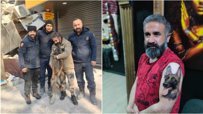Kahramanmaraş'ta bir vatandaş depremde onu kurtaran arama kurtarma köpeği Çakıl'ın portresini koluna dövme yaptırdı. Çok tatlı değil mi?