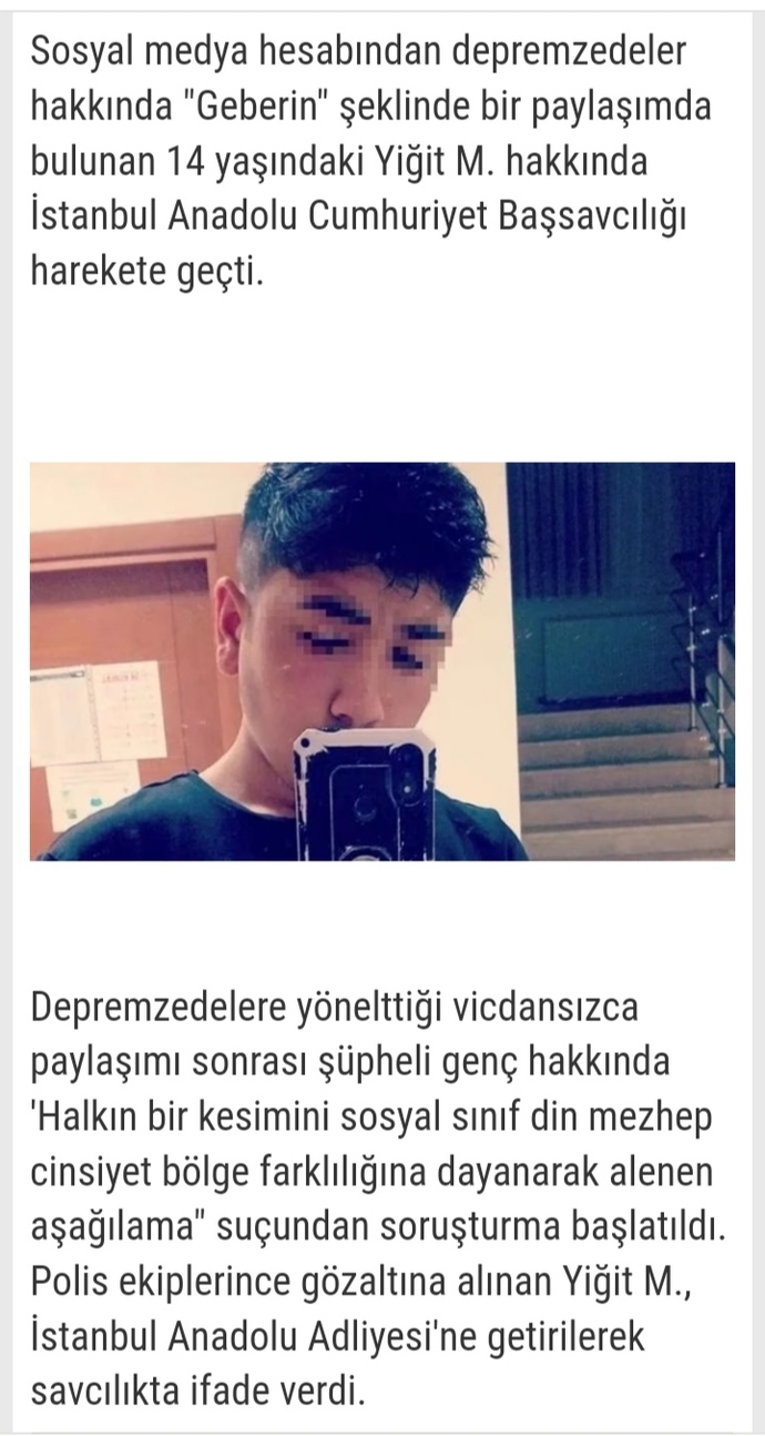 Savcılık, depremzedelere geberin diyen 14 yaşındaki çocuğun 10 sayfalık kompozisyon yazmasına karar verdi. Sizce nasıl bir karar olmuş?
