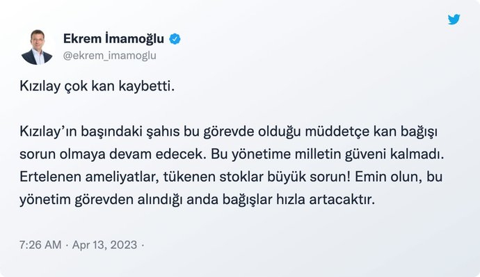Ekrem İmamoğlu, Kızılayın başındaki şahıs olduğu sürece kan bağışı sorun olacak demiş. Kızılaya güveniyor musunuz?