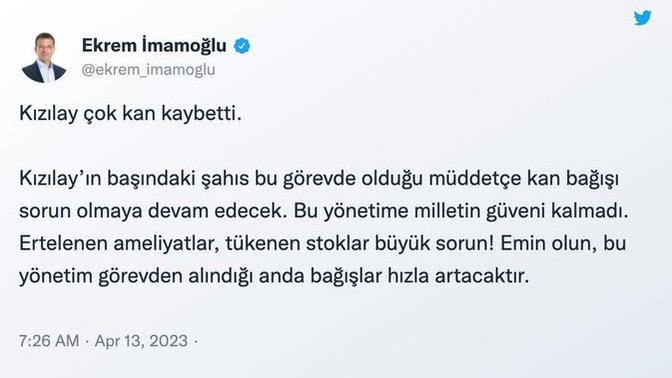 Ekrem İmamoğlu, "Kızılay'ın başındaki şahıs olduğu sürece kan bağışı sorun olacak" demiş. Kızılay'a güveniyor musunuz?