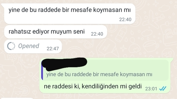 Rahatsizligin tekrari olmayacak derken bir daha yazmam mi demek istemis, cok mu sert yazmisim 2 gundur yazmiyoruz ikimizde?