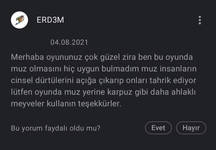 Muz cinsel dürtüyü açığa çıkarıyomuş ve bu yüzden oyunda daha ahlaklı meyveler kullanılsın istemiş! Ahlaklı meyveye örnek ne olur?