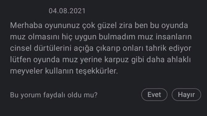Muz cinsel dürtüyü açığa çıkarıyomuş ve bu yüzden oyunda daha ahlaklı meyveler kullanılsın istemiş! Ahlaklı meyveye örnek ne olur?