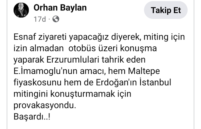 Ekrem İmamoğlunun provakosyonu için Erzurum valisi açıklama yaptı. Ne düşünüyorsunuz?