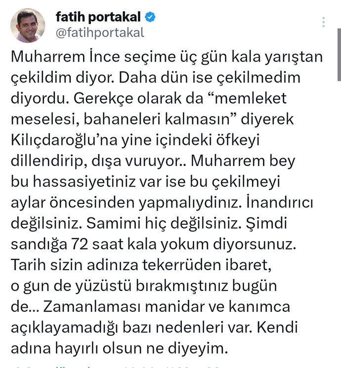 Memleket Partisi Genel Başkanı Muharrem İnce adaylıktan çekildiğini açıkladı. bu kararı nasıl değerlendiriyorsunuz?
