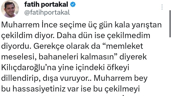 Memleket Partisi Genel Başkanı Muharrem İnce adaylıktan çekildiğini açıkladı. bu kararı nasıl değerlendiriyorsunuz?