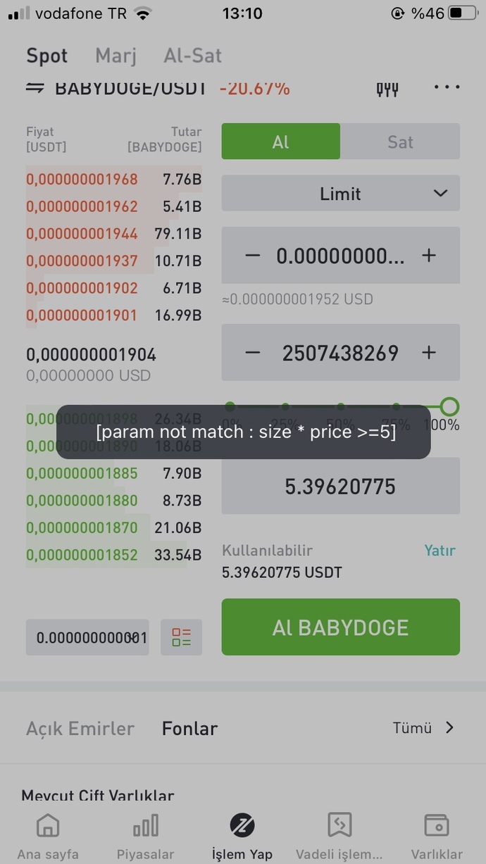 Coin alırken sorun yaşıyorum, neden böyle bir hata alıyorum?