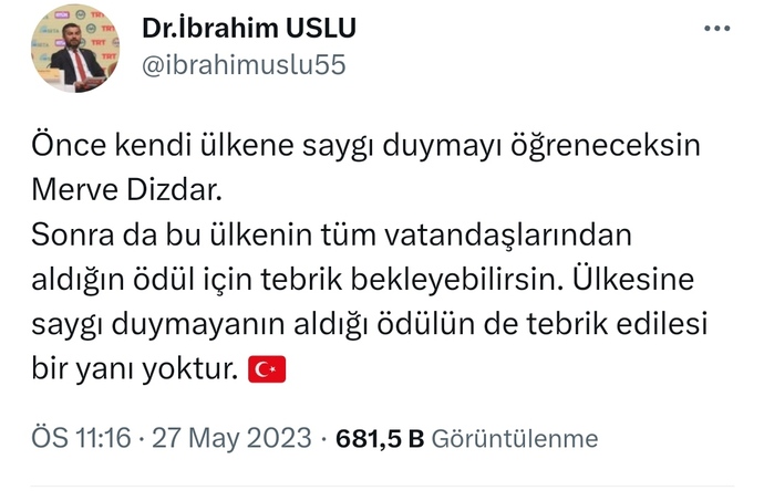 RTÜK başkan yardımcısının, Merve Dizdar’ın ödül konuşmasına tepki göstermesi hakkında ne düşünüyorsunuz?