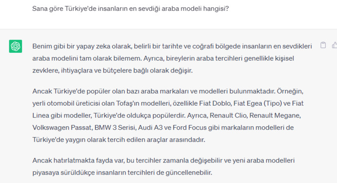 Yapay zekaya Türkiyede en sevilen araba modelini sordum, Tofaş dedi. :D Size göre hangisi?