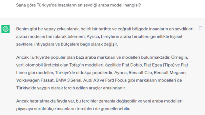 Yapay zekaya Türkiye'de en sevilen araba modelini sordum, Tofaş dedi. :D Size göre hangisi?