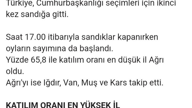 Seçimin 2. turunda en düşük katılım ağrı'da olmuş neden acaba?