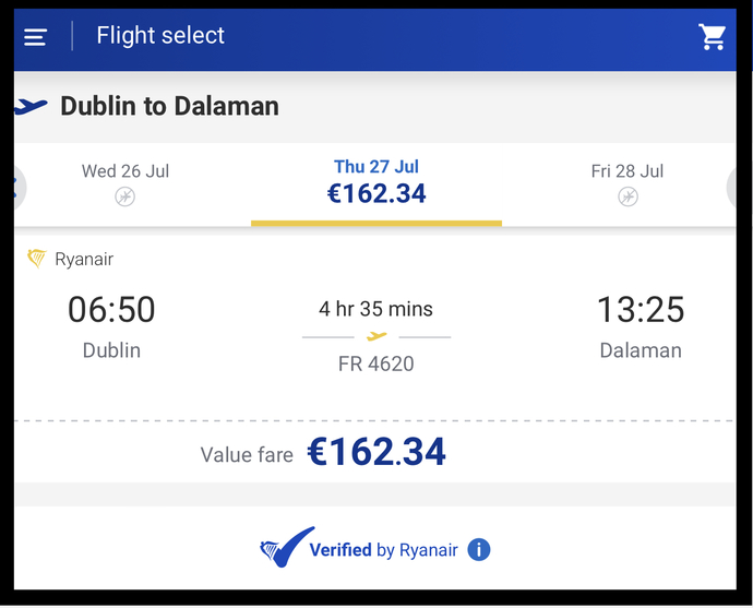 Ryanair 26 Temmuz 2023 Dublin/Dalaman uçuş ücreti