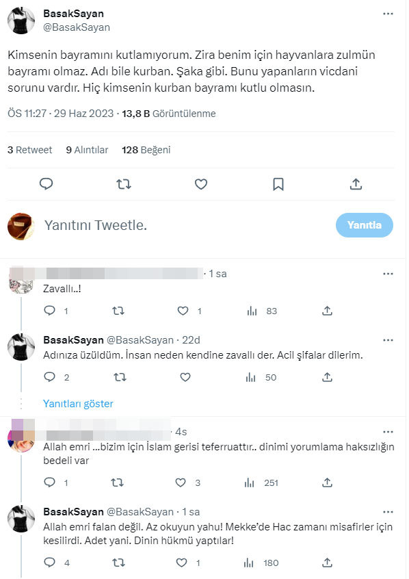 Başak Sayan  Hiç kimsenin kurban bayramı kutlu olmasın  dedi , büyük tepki topladı , hangi taraf haklı sizce?