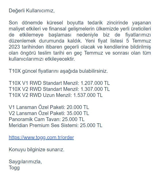TOGGdan gelen zam açıklaması.