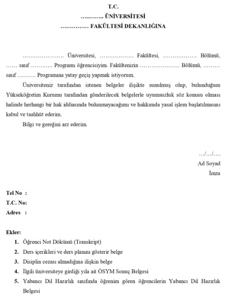 yatay geçiş başvuru dilekçesi