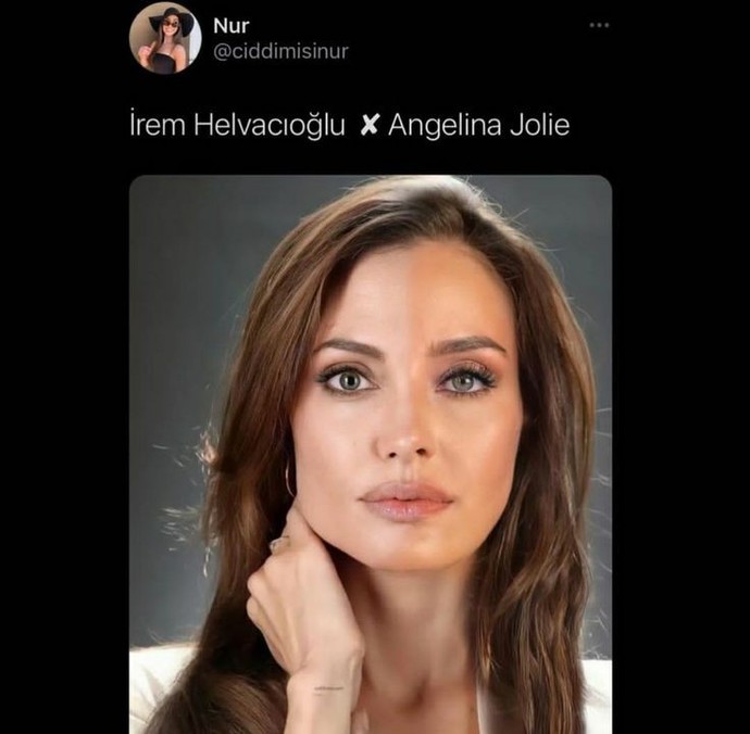 irem ha gayret hayatım az daha pudra ve fondöten ile seni Angelina Jolienin yağlı boyalı portresi sanabilirler😌😂