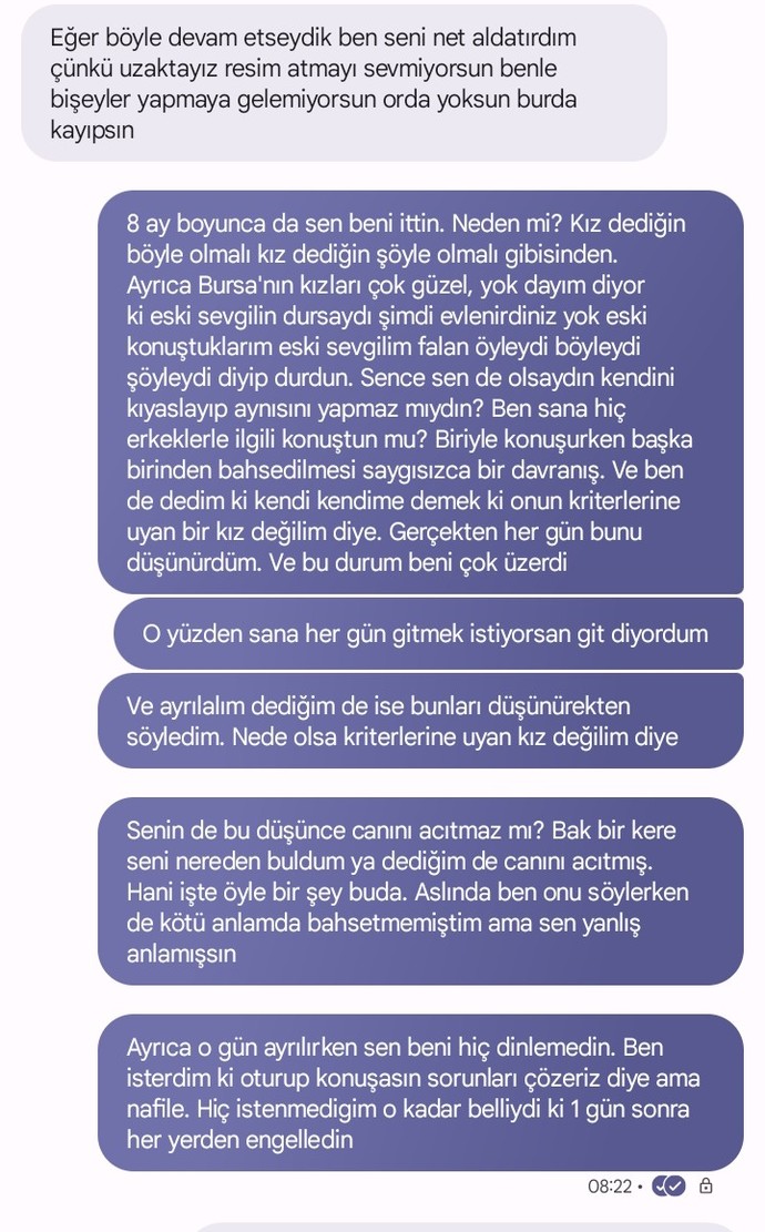 1 ay sonra yazıp tartıştığım eski sevgilime sizce doğruları mı konuştum da görüp cevap vermedi?