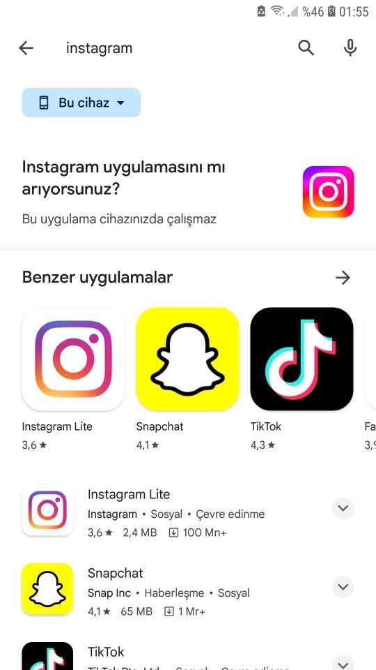 İnstagram bu cihazda çalışmaz sorunu?