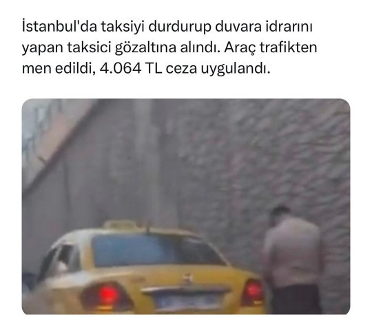 Sokak ortasında tuvaletini yapan taksiciye 4064 TL para cezası verilmiş ve aracı trafikten men edilmiş, yeterli mi bu ceza?