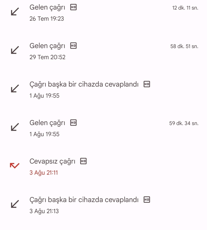 Arama kaydında Çağrı başka cihazda cevaplandı neden yazar?