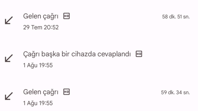 Arama kaydında "Çağrı başka cihazda cevaplandı" neden yazar?