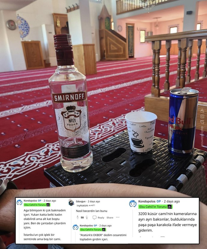 İstanbulda bir camiye giren şahıs, alkol tükettiği fotoğrafı paylaşmış. Bunların tek derdi prim mi?