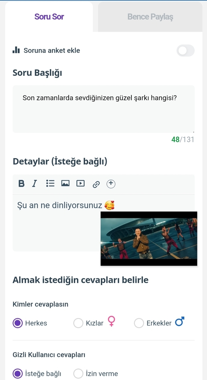 Son zamanlarda sevdiğiniz, en çok dinlediğiniz şarkı hangisi?